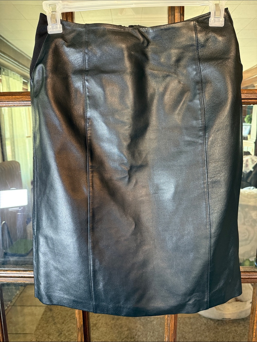Dialogue Black Leather Pencil Skirt with Vertical Seams